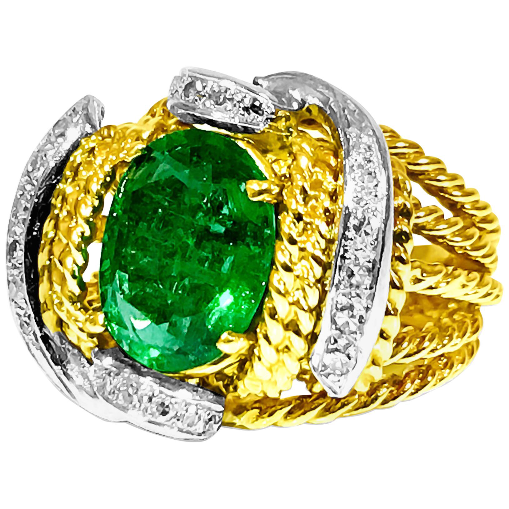 Certified Natural Emerald and Diamond Cocktail Ring For Sale