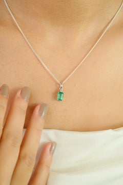 Certified Natural Emerald and Diamond Pendant in 14K Solid White Gold for Women