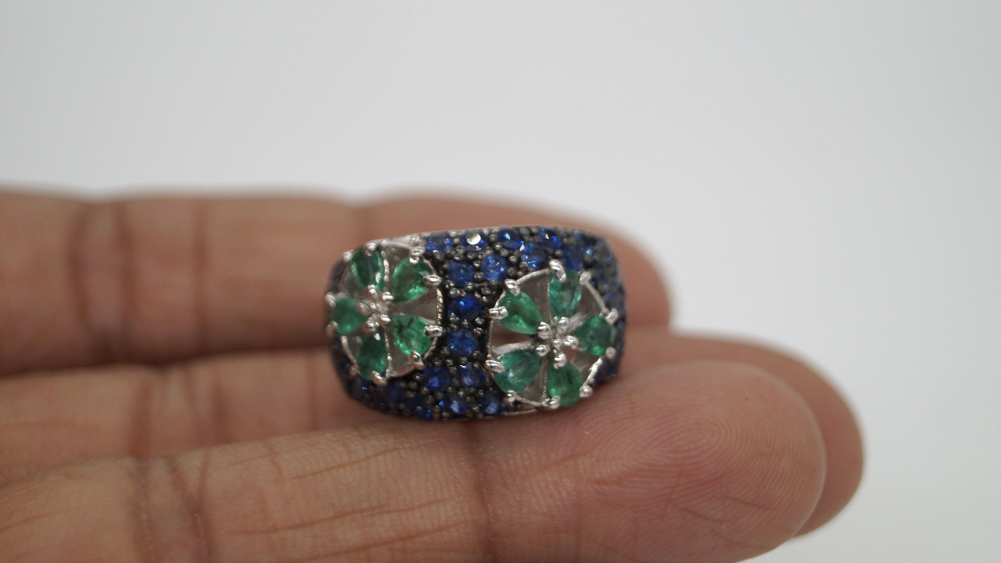 Certified Natural Emerald Blue Sapphire Band White Gold Vermeil cocktail Ring For Sale 5
