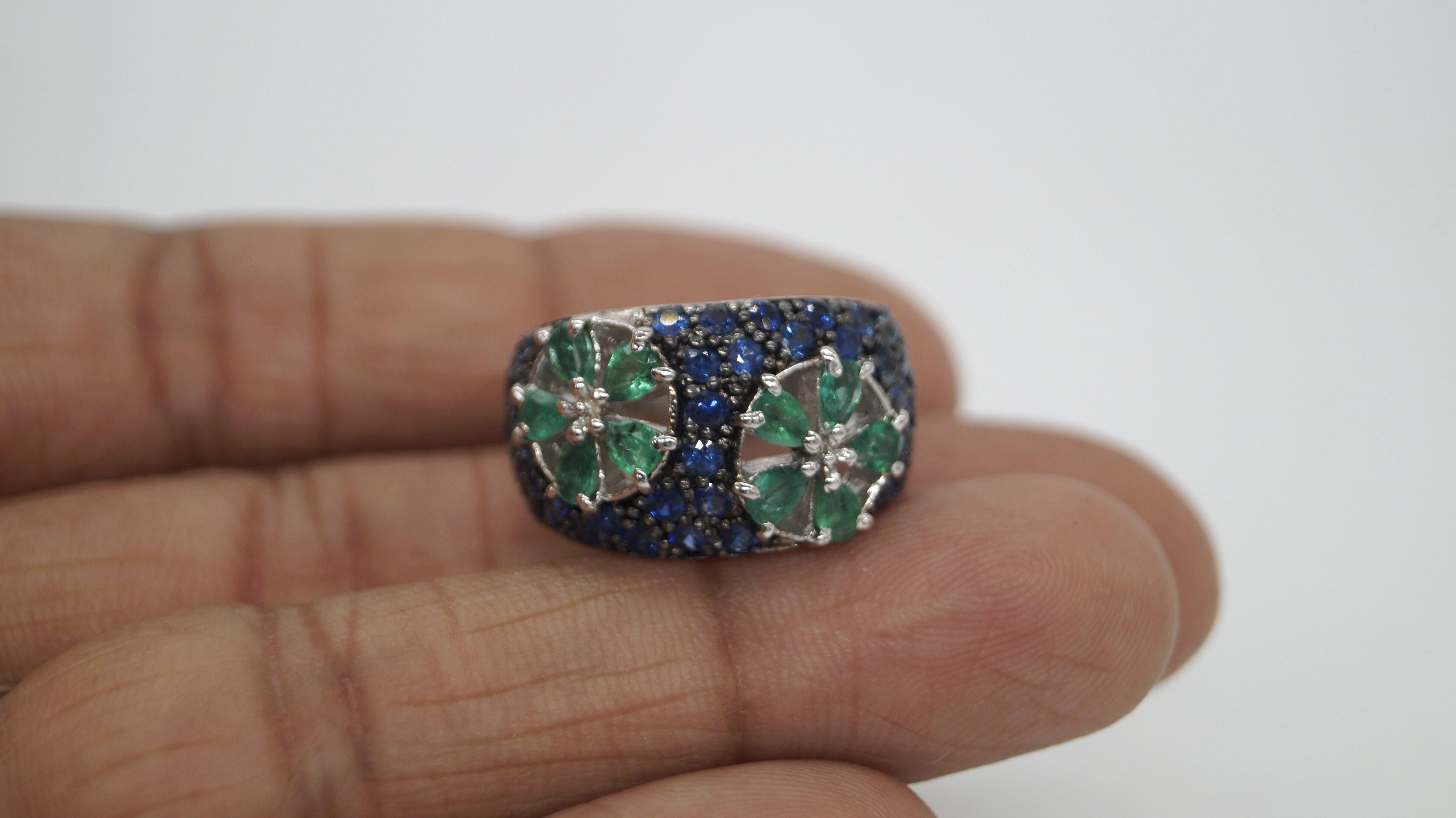 Certified Natural Emerald Blue Sapphire Band White Gold Vermeil cocktail Ring For Sale 6