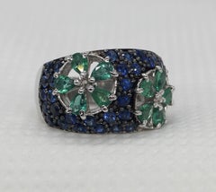 Certified Natural Emerald Blue Sapphire Band White Gold Vermeil cocktail Ring