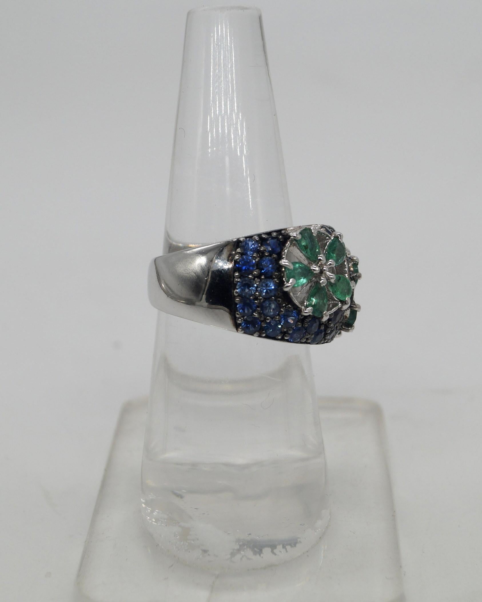 Certified Natural Emerald Blue Sapphire Band White Gold Vermeil cocktail Ring For Sale 2
