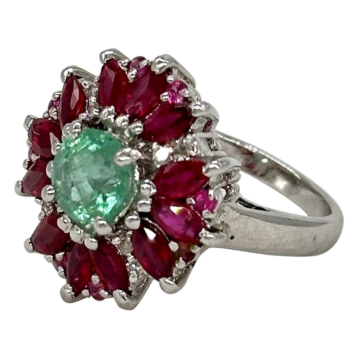 Certified Natural Emerald Blue Sapphire Band White Gold Vermeil cocktail Ring