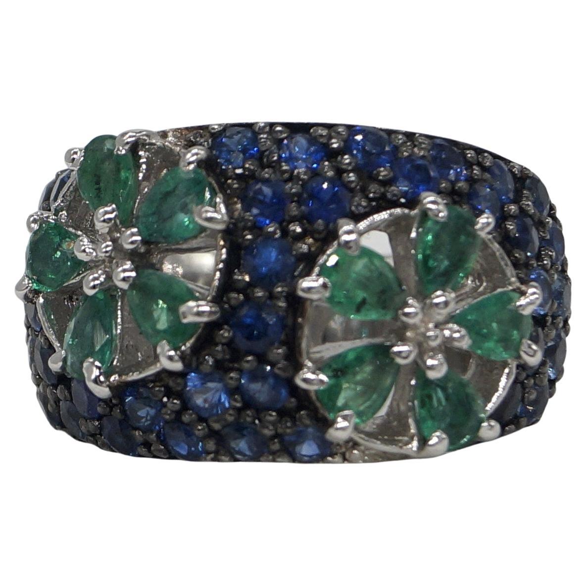 Certified Natural Emerald Blue Sapphire Band White Gold Vermeil cocktail Ring For Sale
