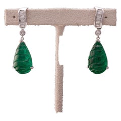Certified Natural Emerald Carving Earrings Set in Diamonds and 18K White Gold 