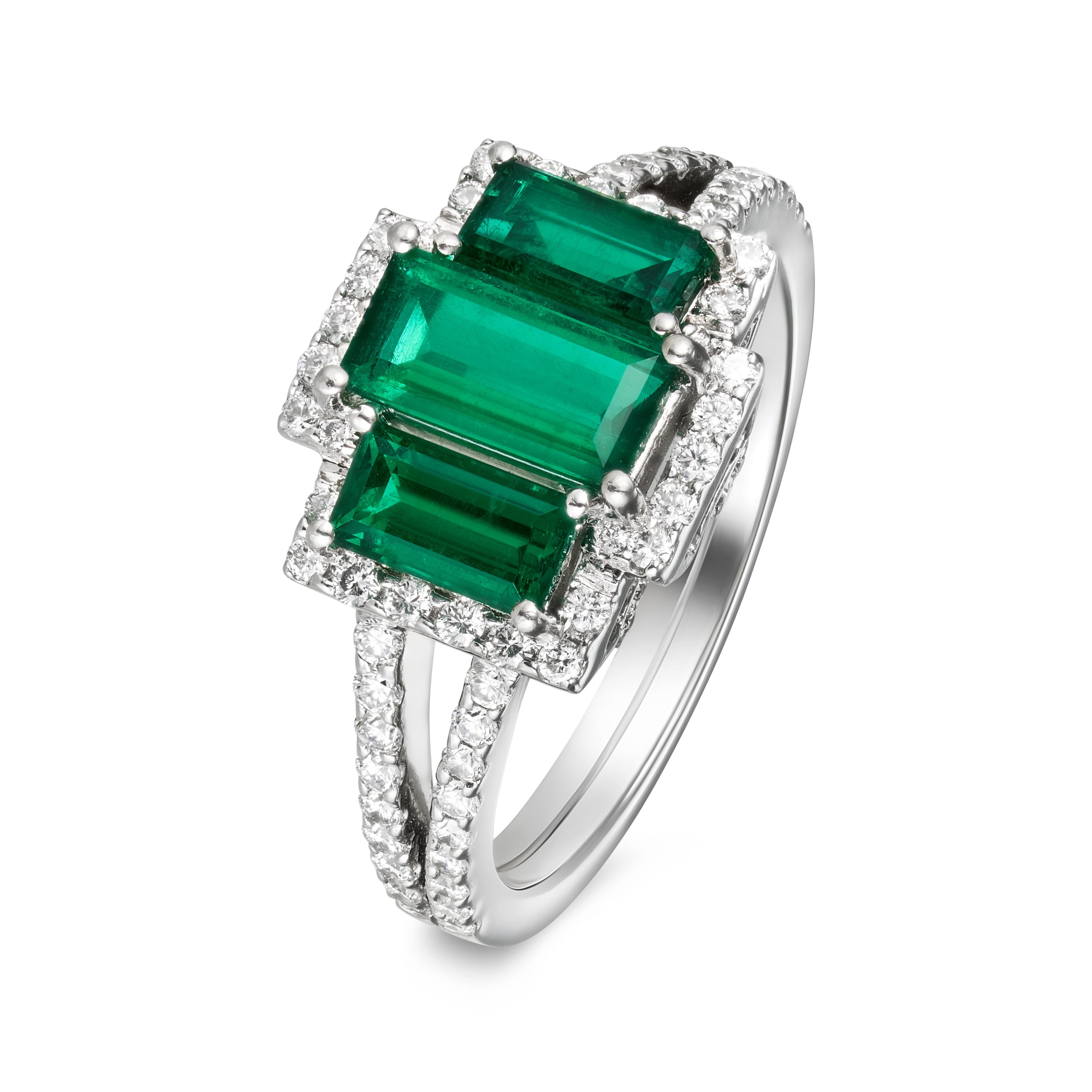 Emerald Cut Certified Natural Emerald Diamond 3 Stone Ring - Vivid Green For Sale