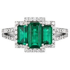Certified Natural Emerald Diamond 3 Stone Ring - Vivid Green 