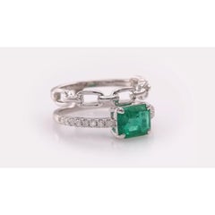 Certified Natural Emerald Diamond Art Deco Style Bridal Ring Set with Chain Band