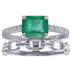 Certified Natural Emerald Diamond Art Deco Style Bridal Ring Set with Chain Band