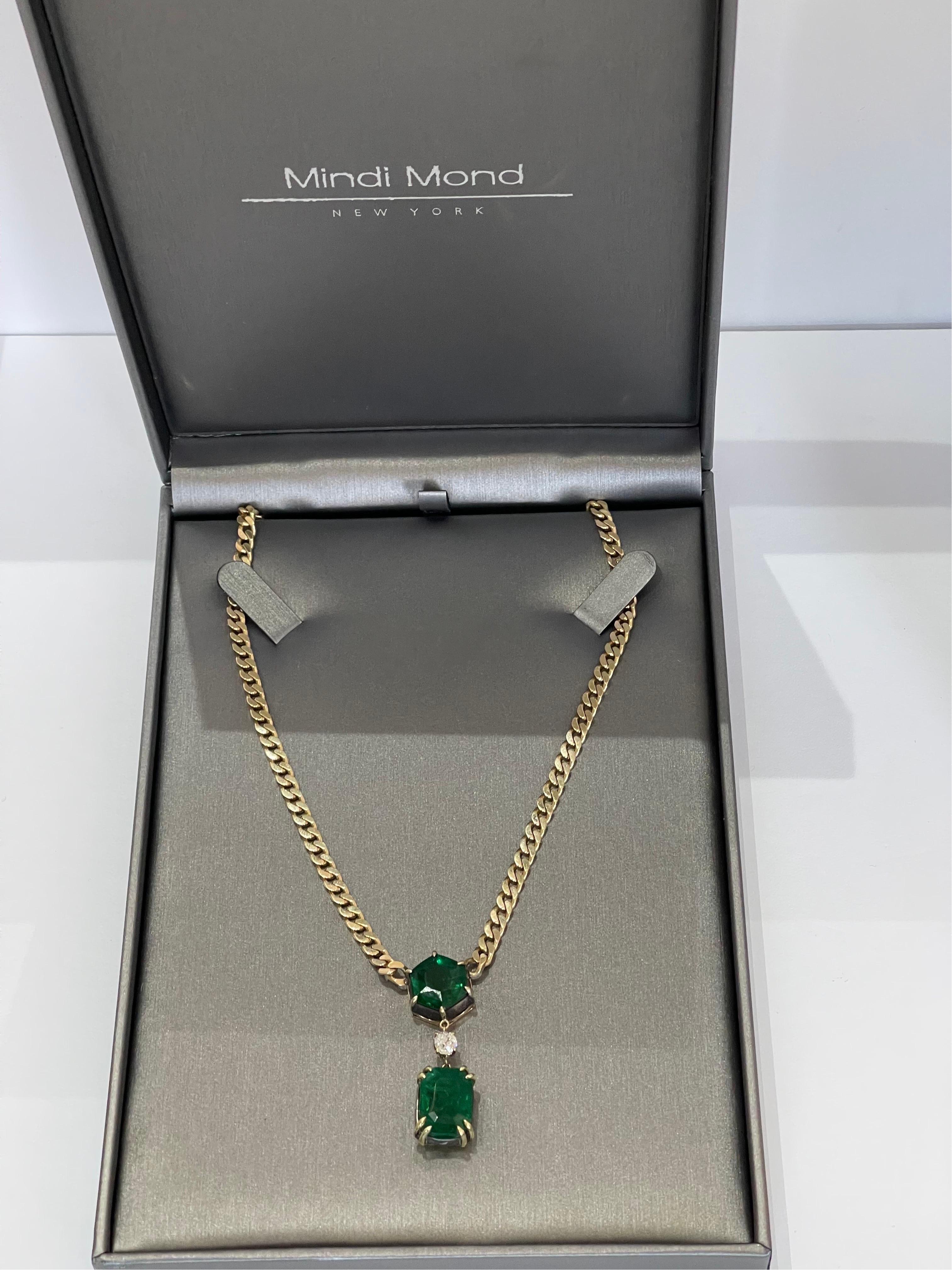 Certified Natural Emerald Double Drop Diamond Pendant Miami Link Chain Necklace  For Sale 5
