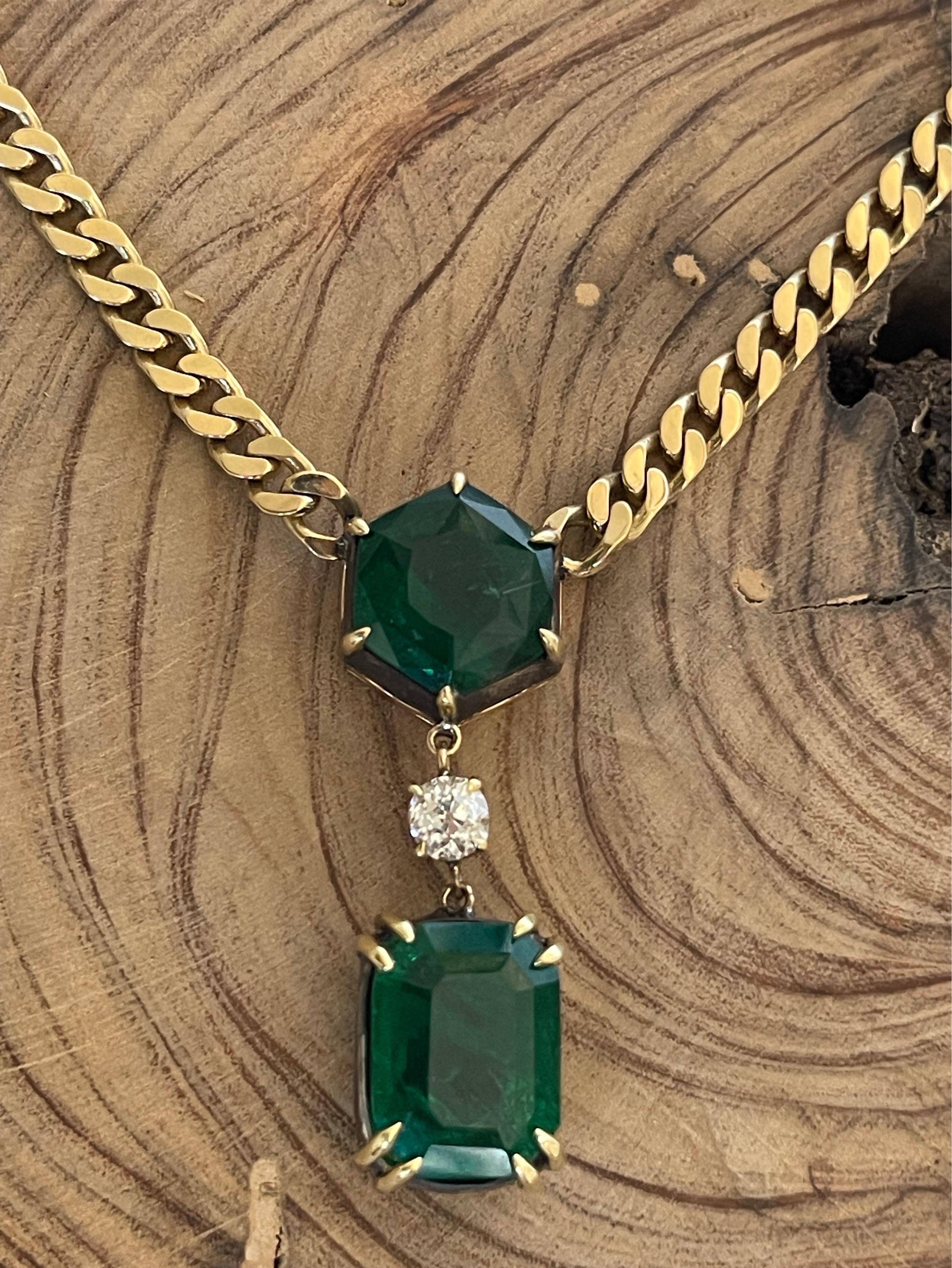 Certified Natural Emerald Double Drop Diamond Pendant Miami Link Chain Necklace  For Sale 6