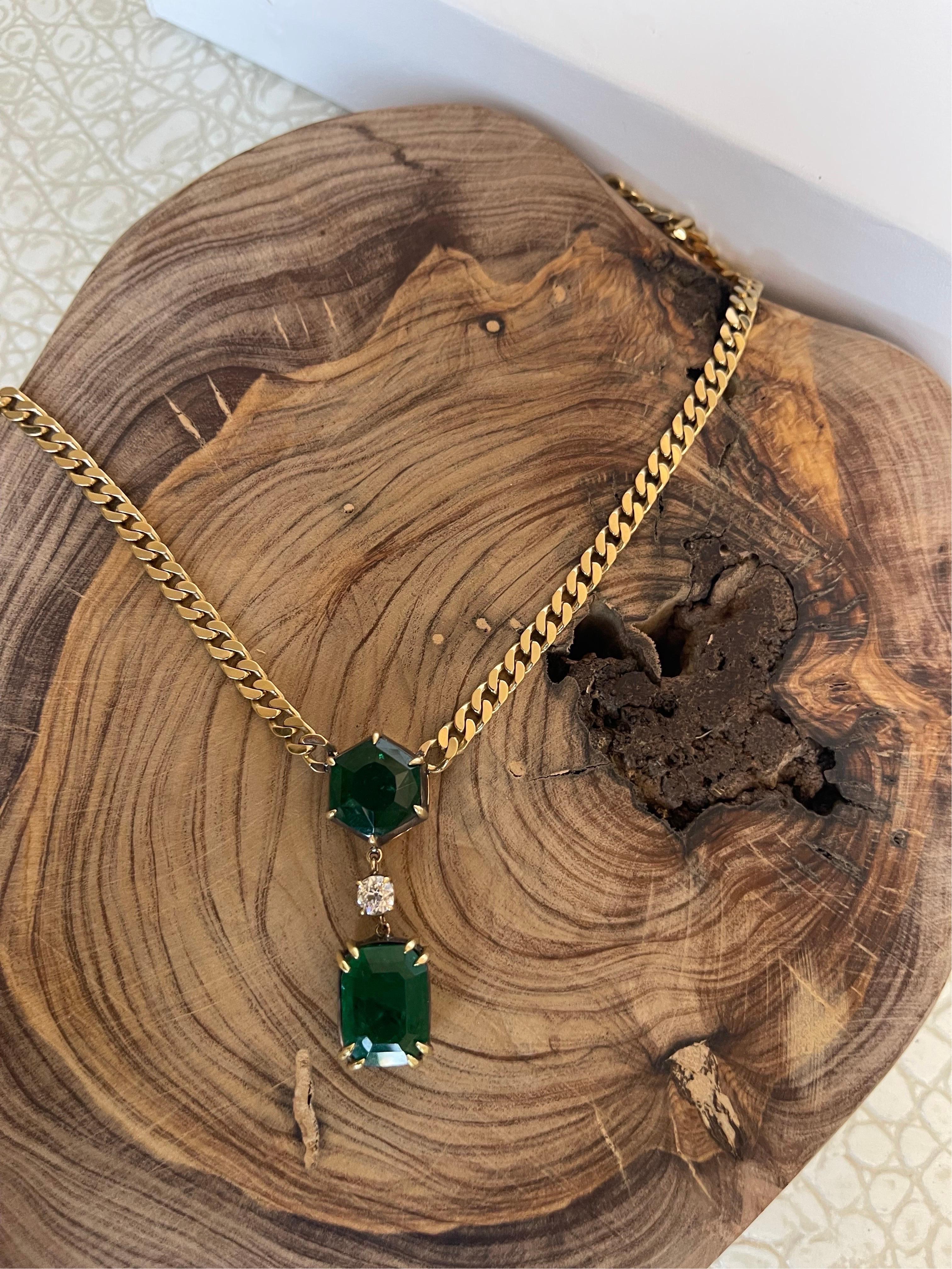 Certified Natural Emerald Double Drop Diamond Pendant Miami Link Chain Necklace  For Sale 7