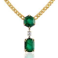Certified Natural Emerald Double Drop Diamond Pendant Miami Link Chain Necklace