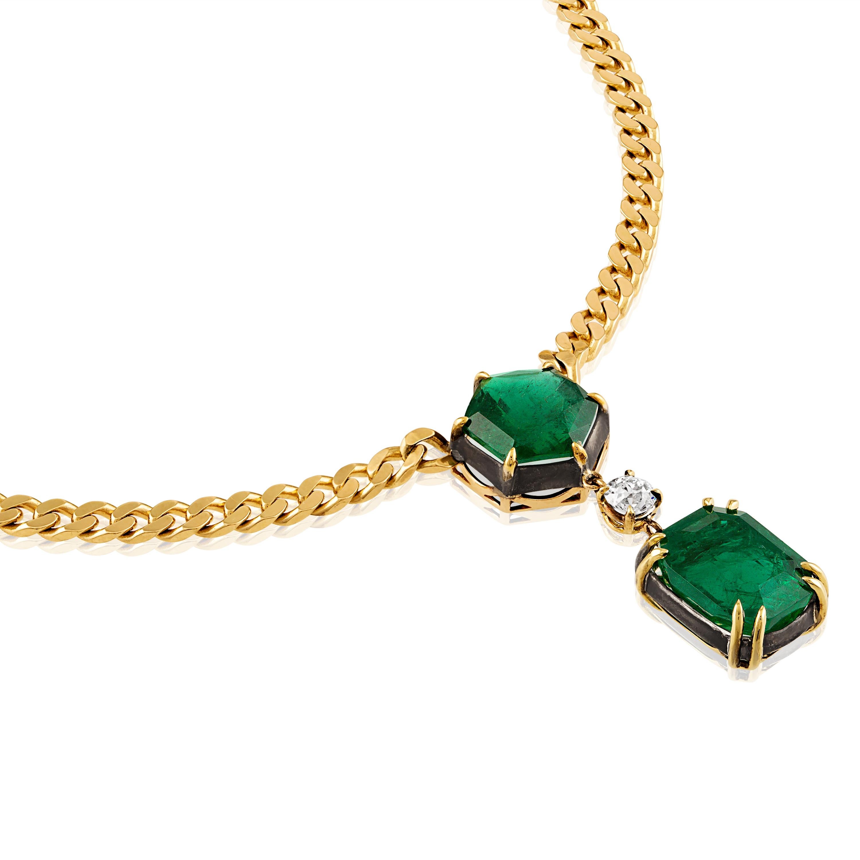 Hexagon Cut Certified Natural Emerald Double Drop Diamond Pendant Miami Link Chain Necklace  For Sale