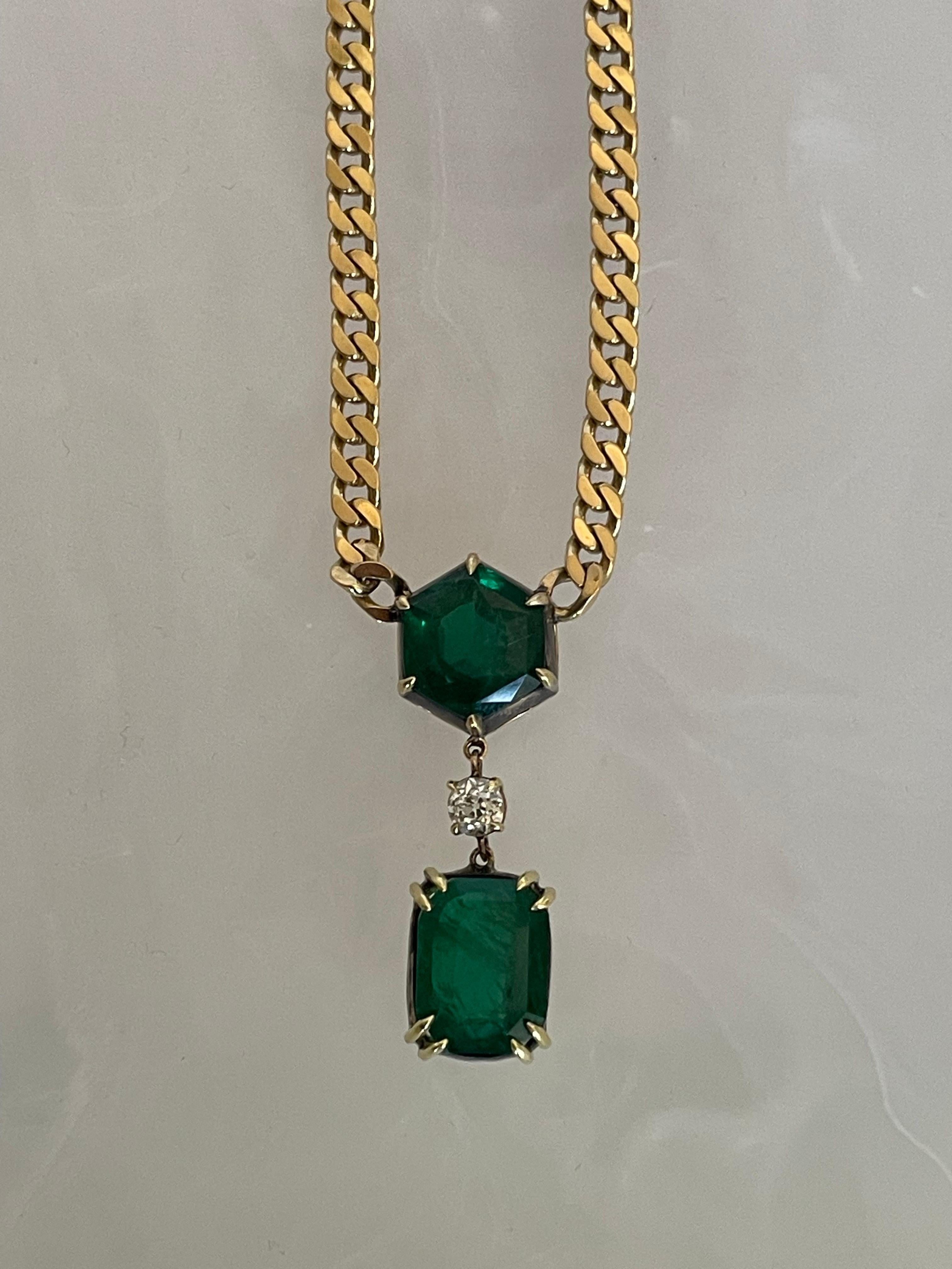 Women's or Men's Certified Natural Emerald Double Drop Diamond Pendant Miami Link Chain Necklace  For Sale
