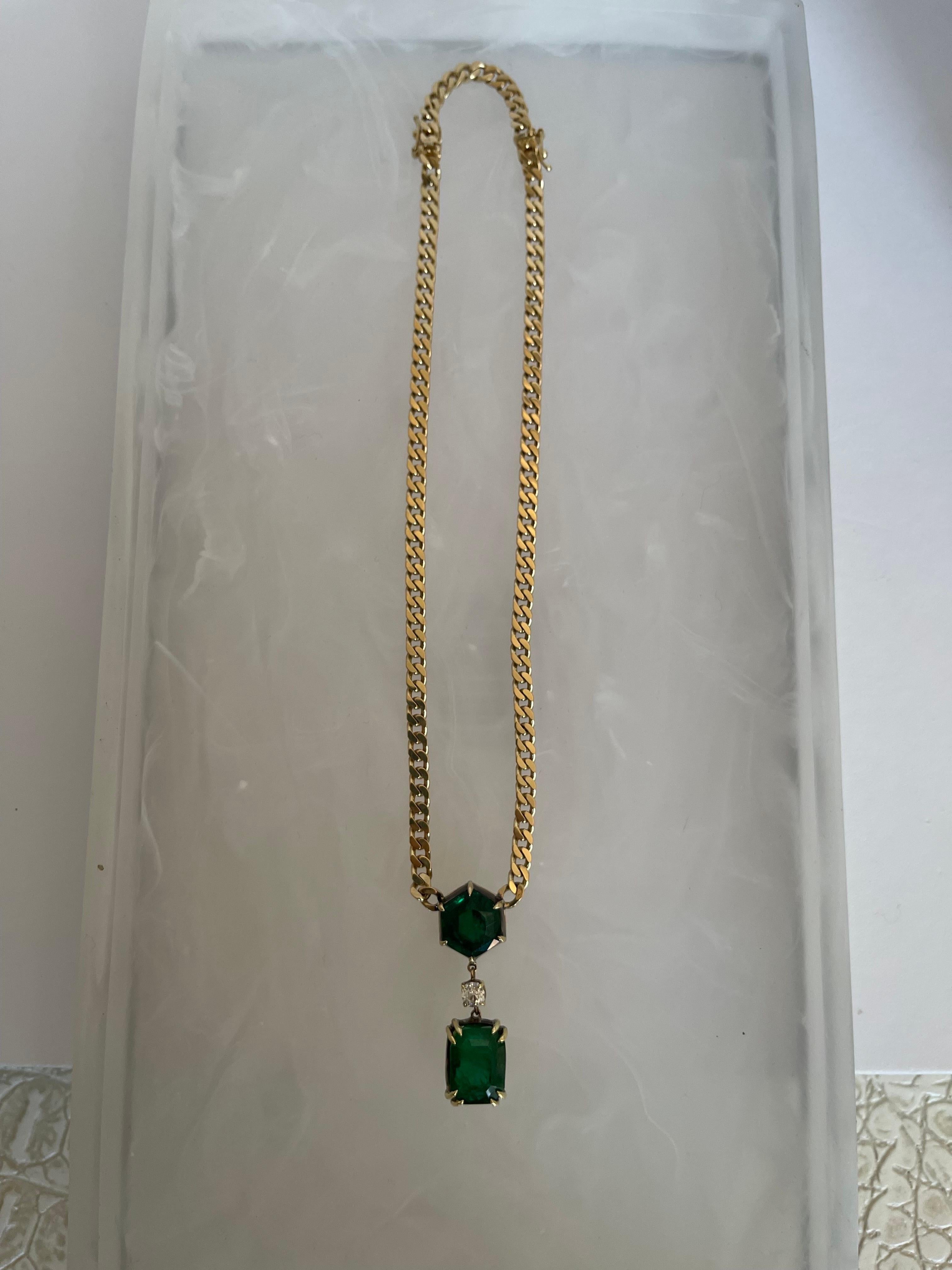 Certified Natural Emerald Double Drop Diamond Pendant Miami Link Chain Necklace  For Sale 1