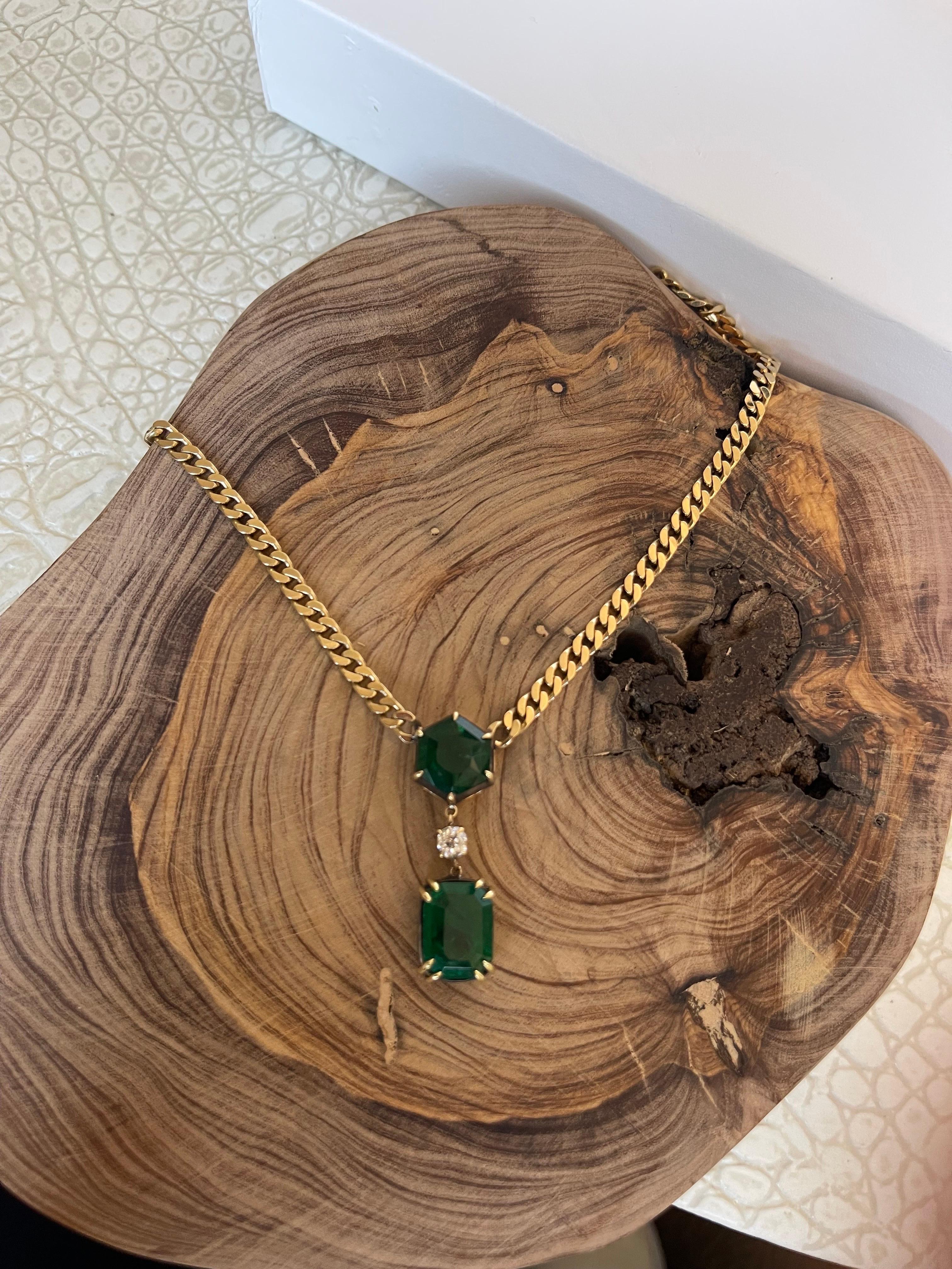 Certified Natural Emerald Double Drop Diamond Pendant Miami Link Chain Necklace  For Sale 4