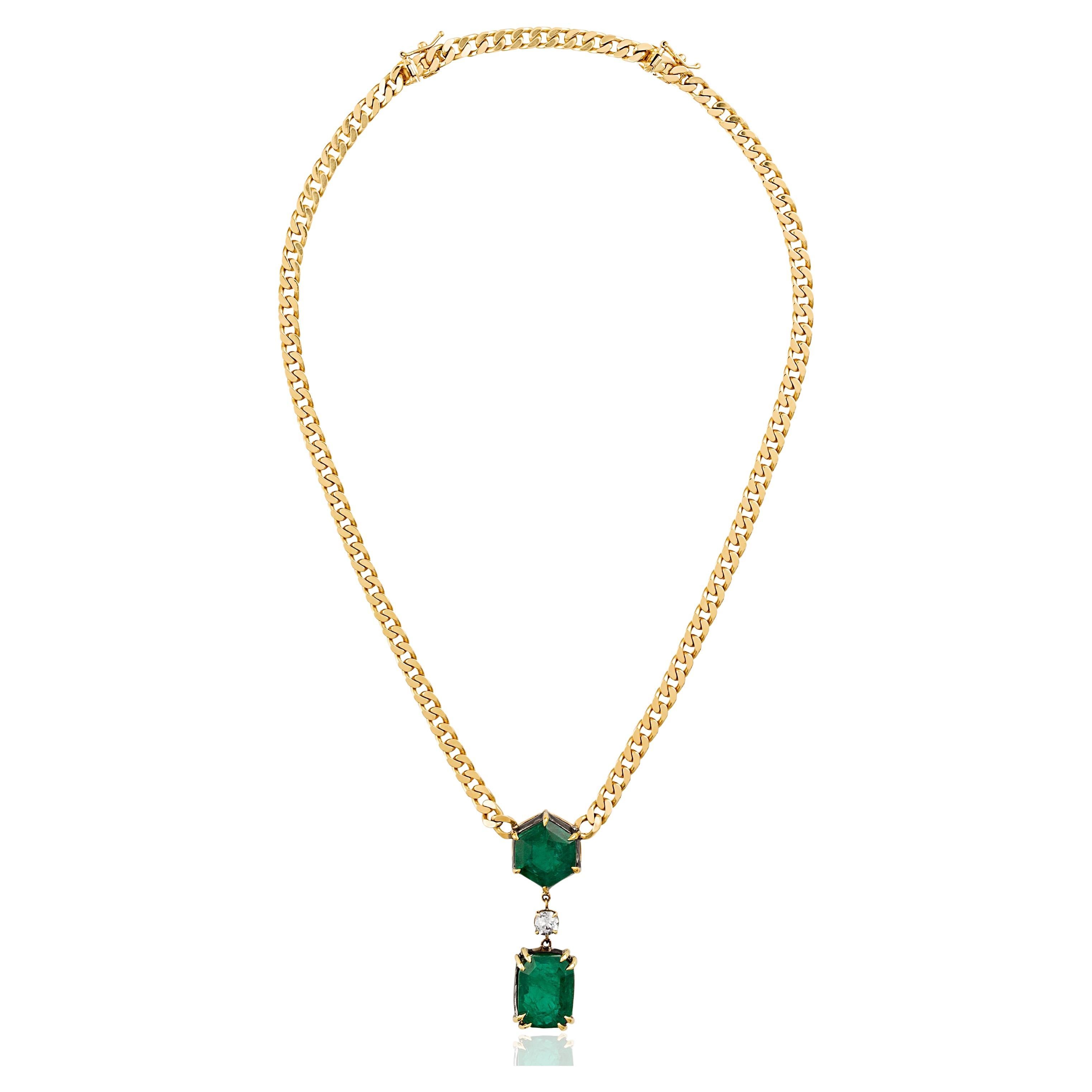 Certified Natural Emerald Double Drop Diamond Pendant Miami Link Chain Necklace  For Sale