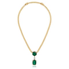 Certified Natural Emerald Double Drop Diamond Pendant Miami Link Chain Necklace 