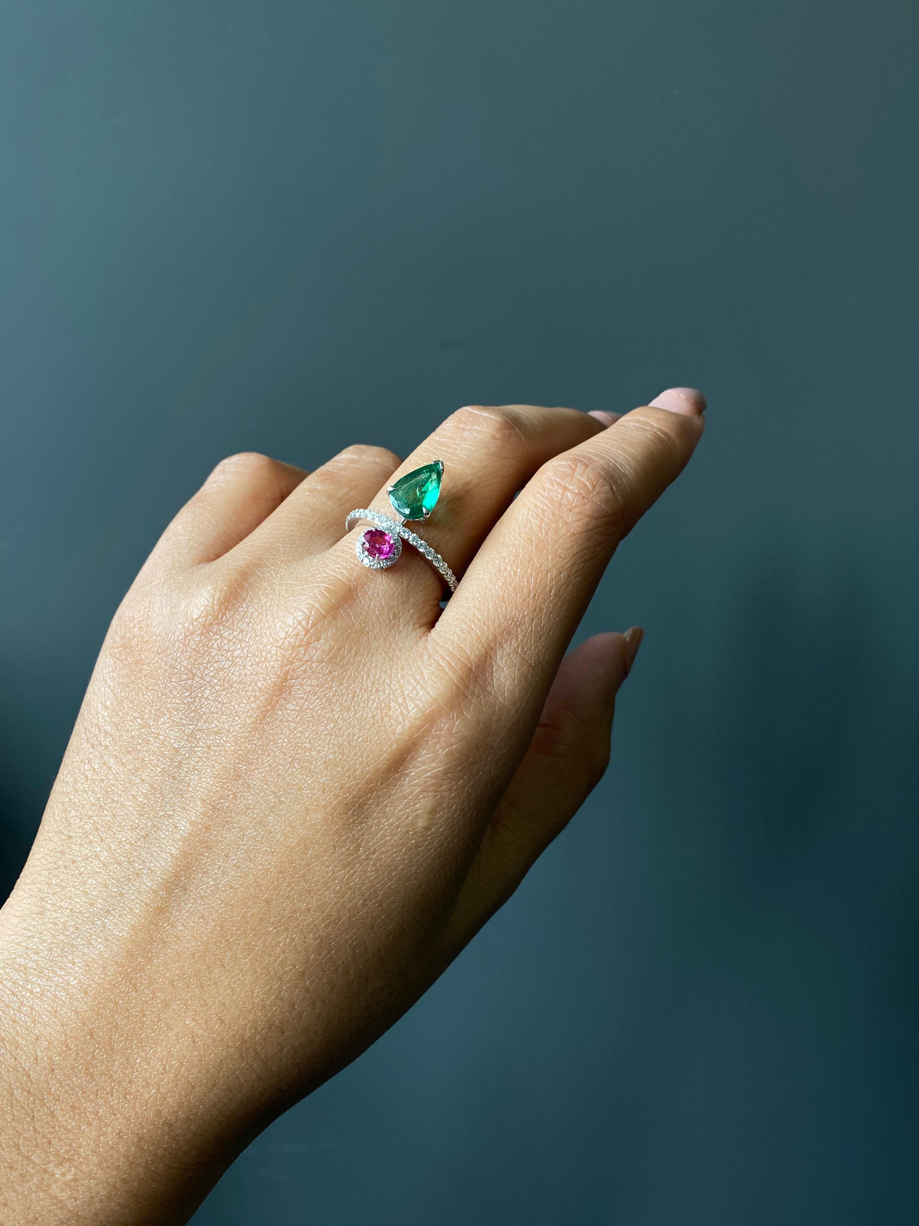 Zertifizierter sambischer natürlicher Smaragd-Ring in Birnenform mit ovalem Rubin und Diamanten im Angebot 5