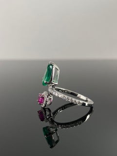 Certified Natural Emerald Zambian Pear Shape Ring With Oval Ruby And Diamonds