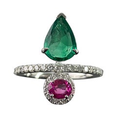 Certified Natural Emerald Zambian Pear Shape Ring With Oval Ruby And Diamonds