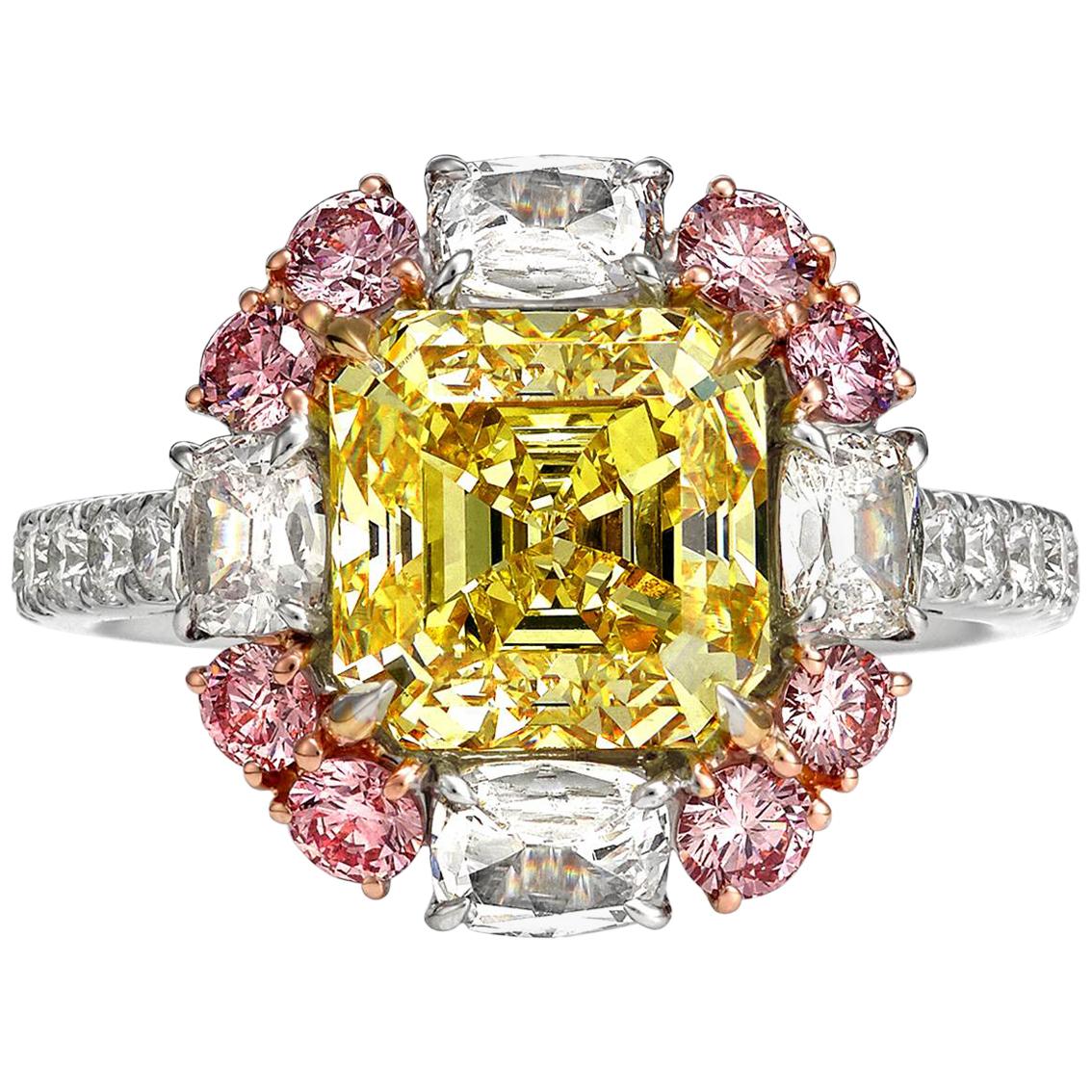 Certified Natural Fancy Intense Australian Argyle Yellow and Pink Diamond Ring For Sale