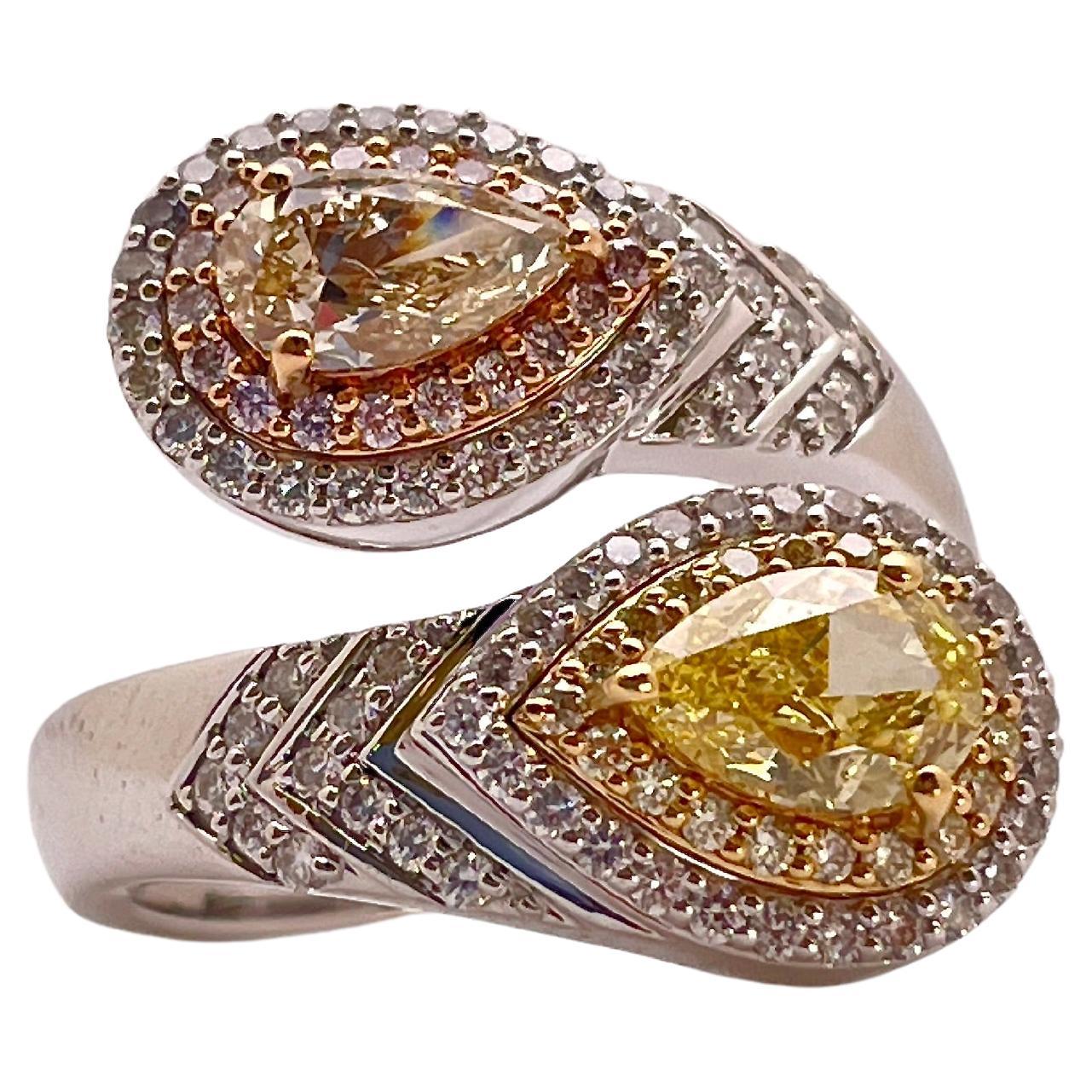 IGI Twin Natural Fancy Yellow & Champagne Diamond 18K Gold Engagement Ring