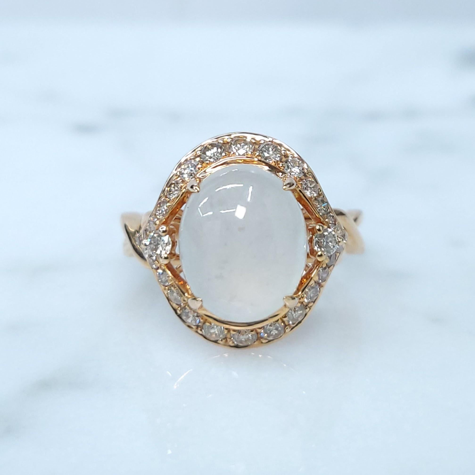 Certified Natural Fei Chui Type A Jade and Diamoind Ring in 18K Rose Gold For Sale 4