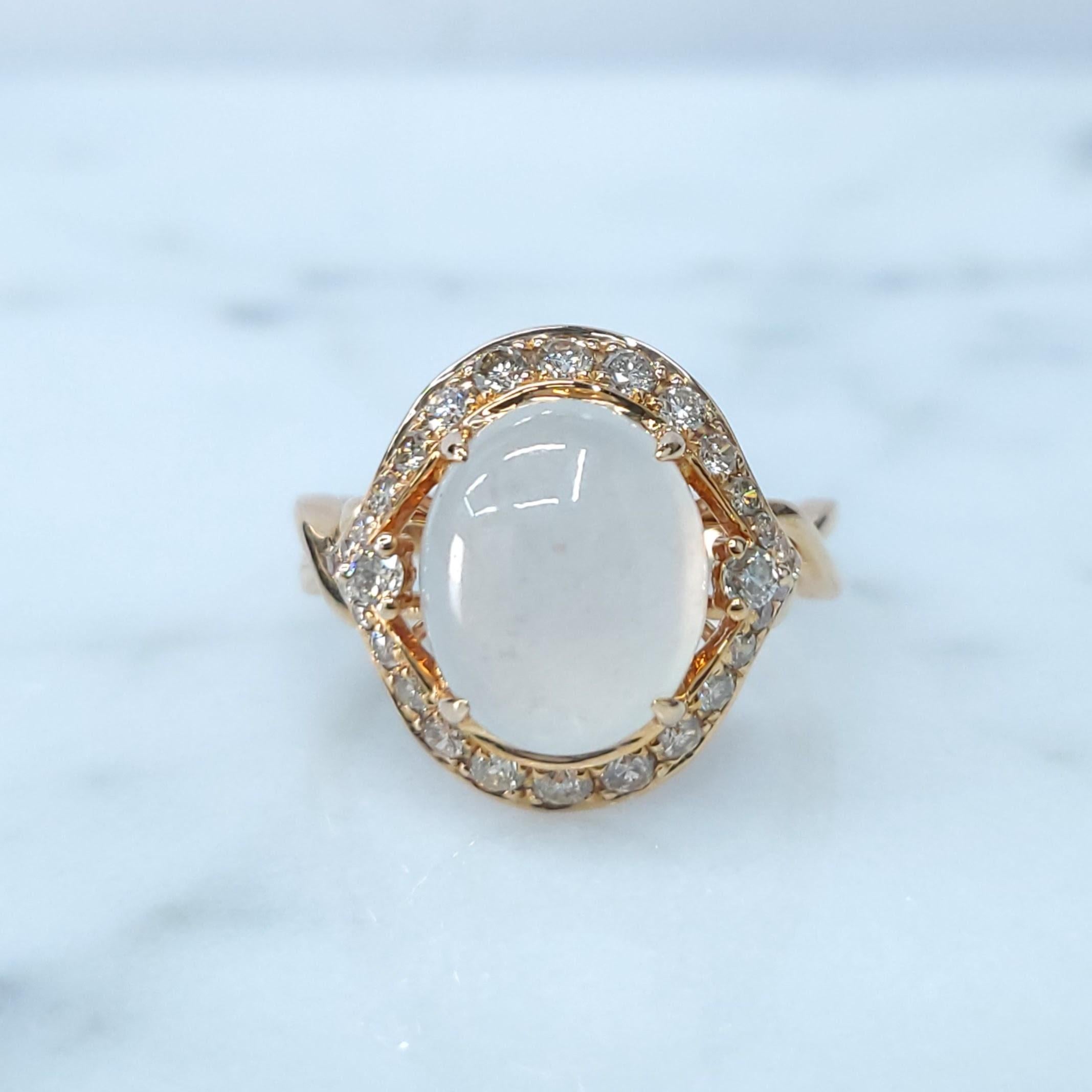 Cabochon Certified Natural Fei Chui Type A Jade and Diamoind Ring in 18K Rose Gold For Sale
