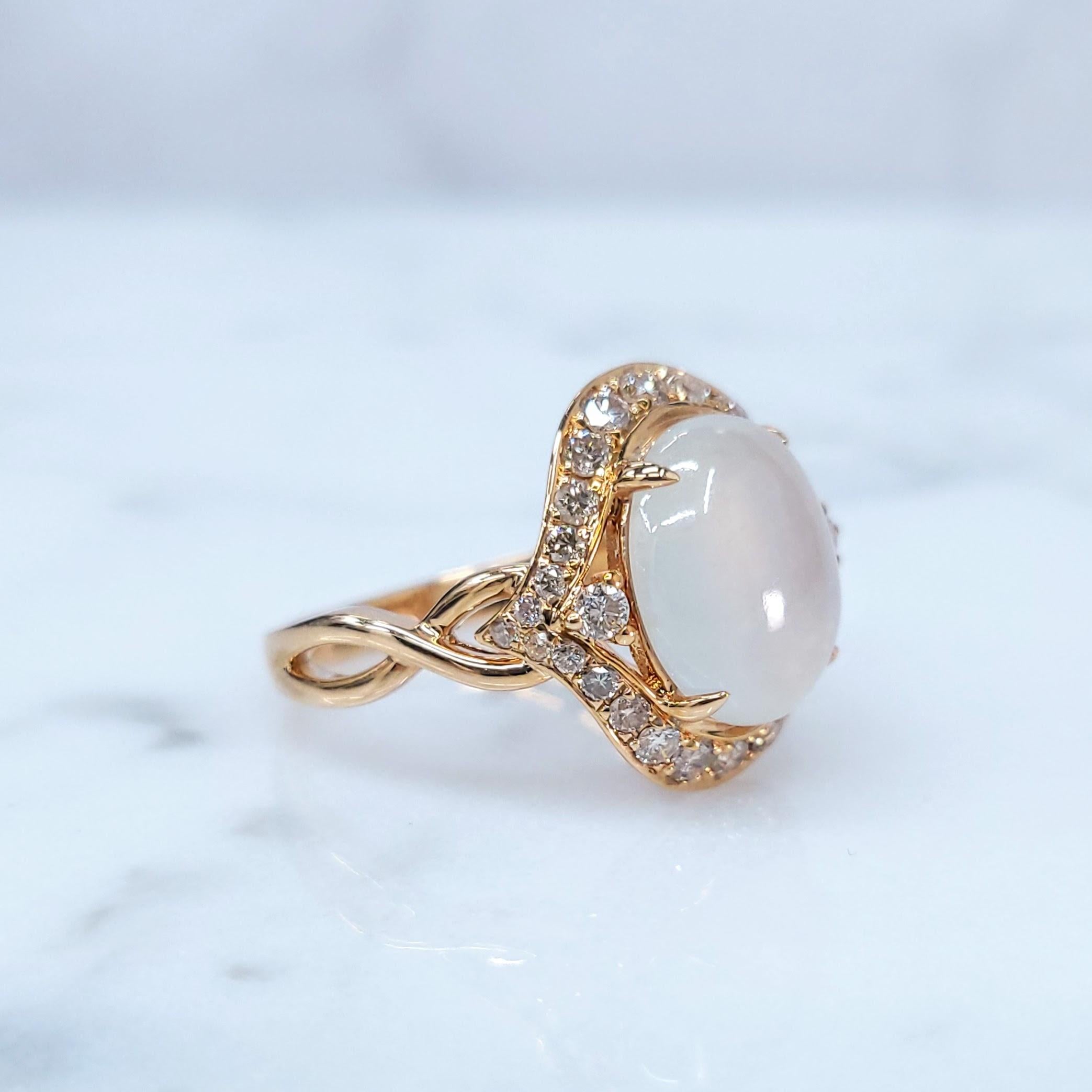 Certified Natural Fei Chui Type A Jade and Diamoind Ring in 18K Rose Gold For Sale 3