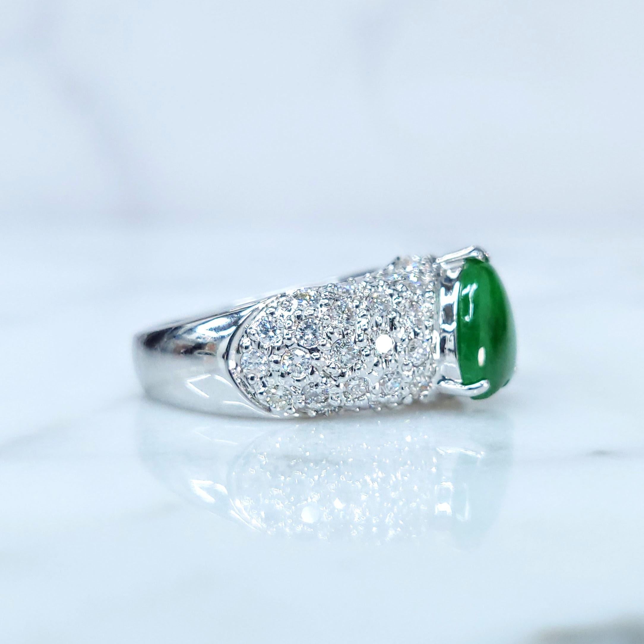 Heart Cut Certified Natural Fei Chui Type A Jade and Diamond Ring in 18K White Gold For Sale