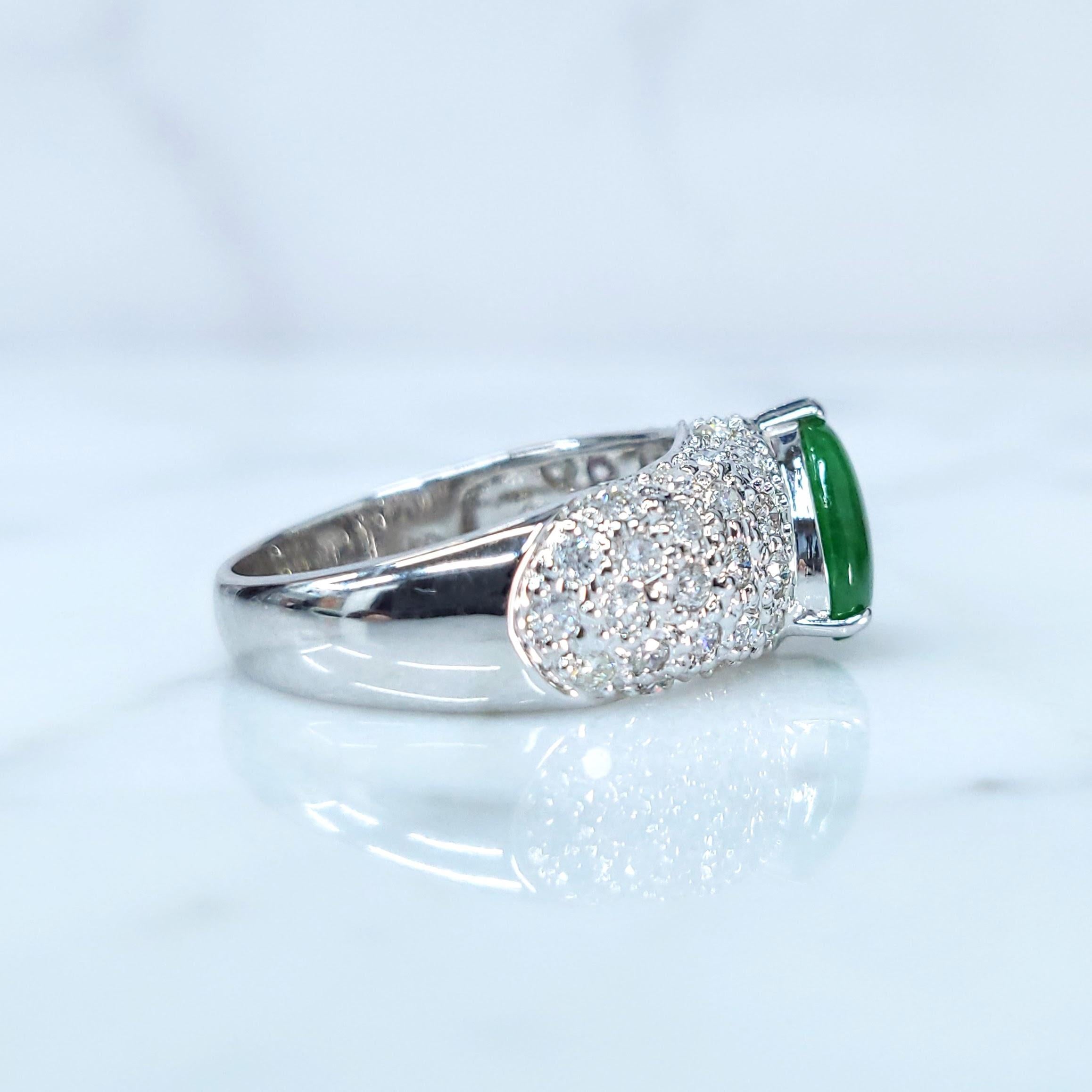 Certified Natural Fei Chui Type A Jade and Diamond Ring in 18K White Gold For Sale 1