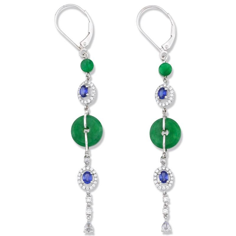 Cabochon Certified Natural Green Jade, Diamond & Sapphire Designer Drop Earrings For Sale