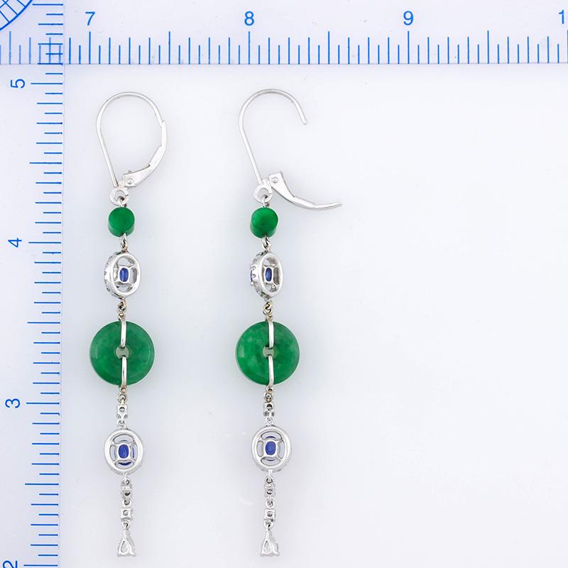Certified Natural Green Jade, Diamond & Sapphire Designer Drop Earrings In New Condition For Sale In Littleton, CO
