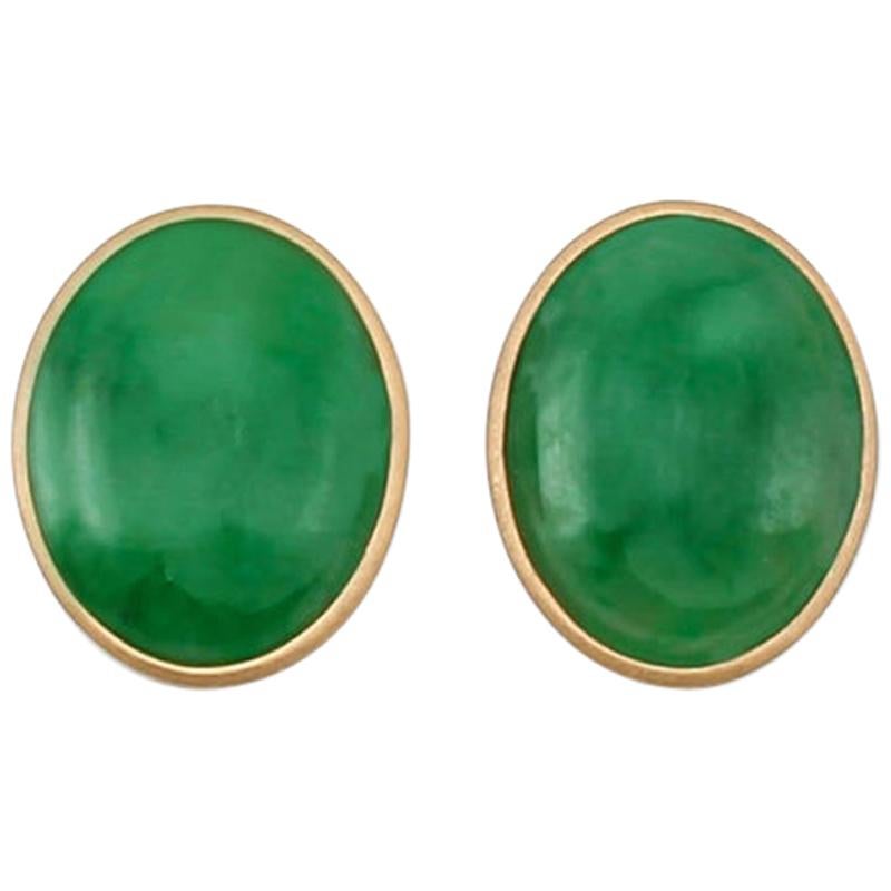 Certified Natural Green Jade Oval Cabochon Earrings For Sale