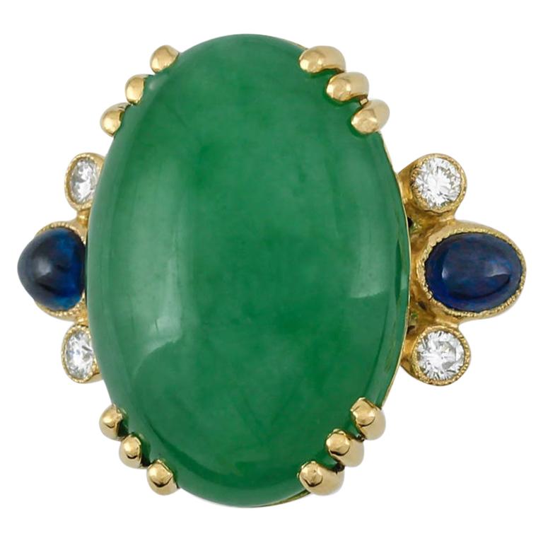 Certified Natural Green Jade, Sapphire and Diamond Cocktail Ring For Sale