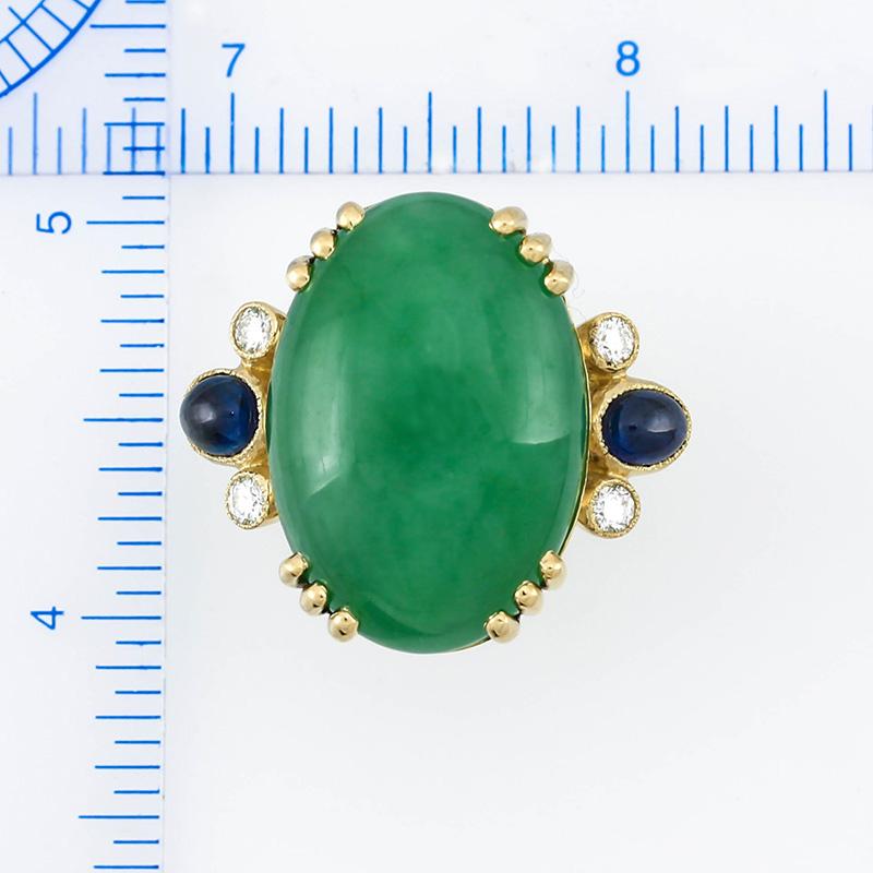 Cabochon Certified Natural Green Jade, Sapphire and Diamond Cocktail Ring For Sale
