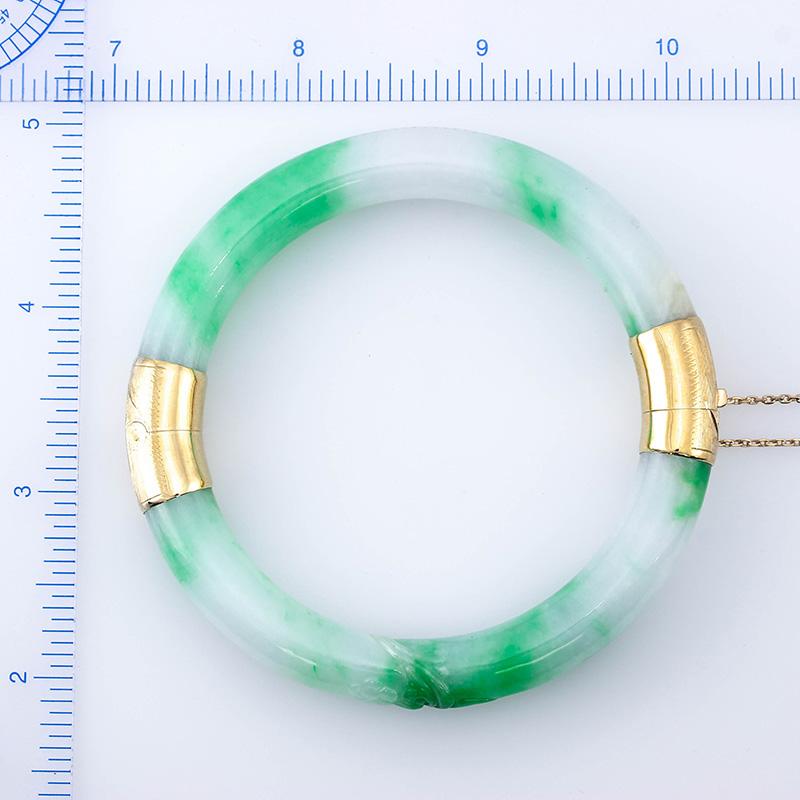 Certified Natural Green Jade Two-Section Estate Bangle Bracelet In Excellent Condition In Littleton, CO