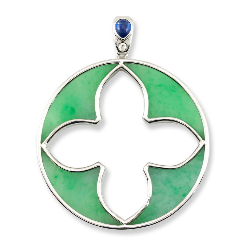 One-of-a-kind! Designer! Double Fleur De Lis Pendant! What a gorgeous 14K white gold medallion pendant with four certified natural jadeite jade stones that make up the double fleur de lis design with a gorgeous diamond and pear shaped blue cabochon