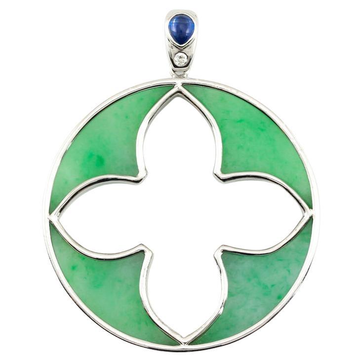 Certified Natural Green Jadeite Designer Fleur De Lis Pendant by Mason-Kay Jade For Sale