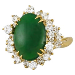 Certified Natural Green Jadeite Jade and Diamond Estate Ring
