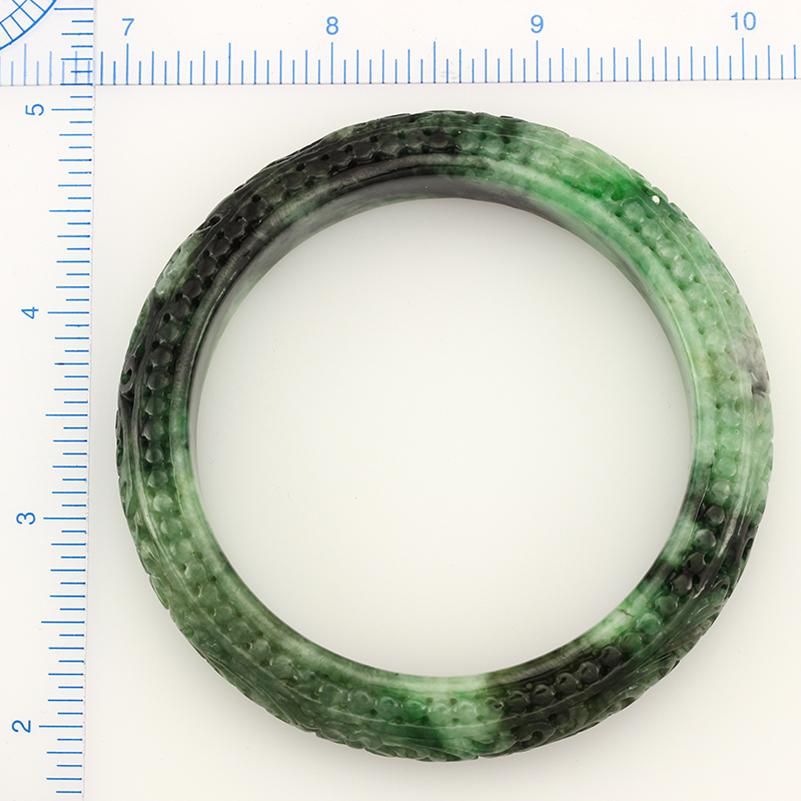 Round Cut Certified Natural Green Jadeite Jade Carved Half Round Bangle from Mason-Kay For Sale