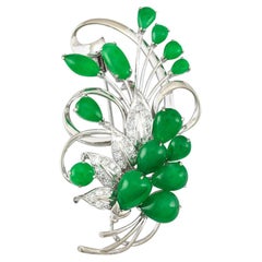 Certified Natural Green Jadeite Jade, Diamond & 14k White Gold Estate Pin