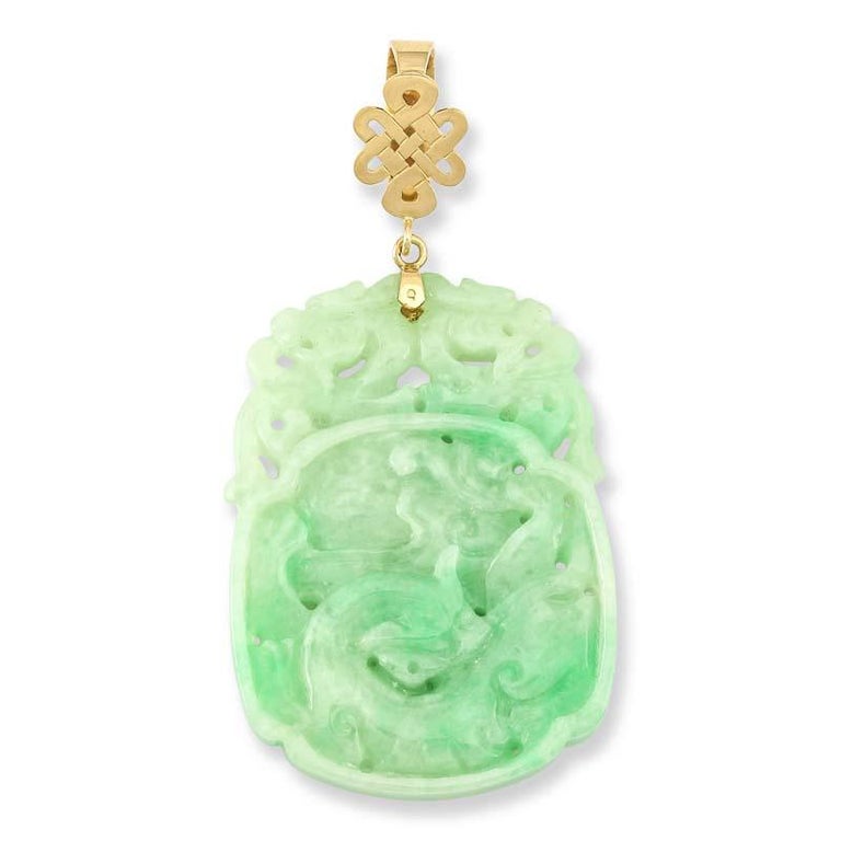 One-of-a-kind & Certified Natural Green Jadeite Jade Pendant by Mason-Kay Jade! Gorgeous double-sided carving with dragon motif and double dragon carved top with 14K yellow gold endless knot designed openable bail so you could wear this pendant on
