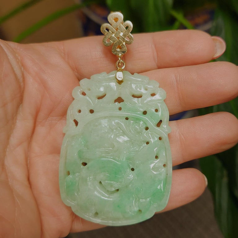 Certified Natural Green Jadeite Jade Dragon Carved Pendant with Openable Bail In New Condition In Littleton, CO