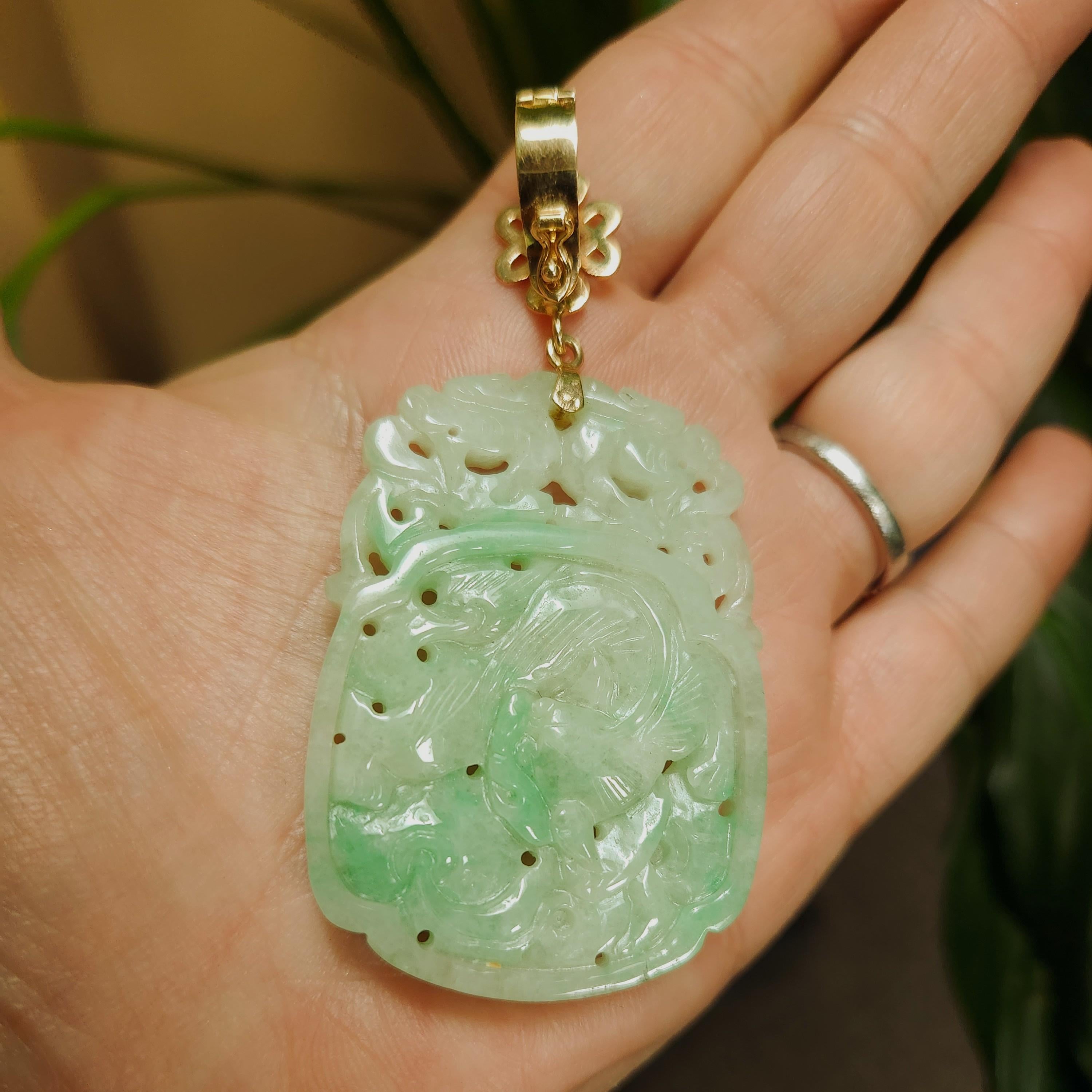 Cabochon Certified Natural Green Jadeite Jade Dragon Carved Pendant with Openable Bail