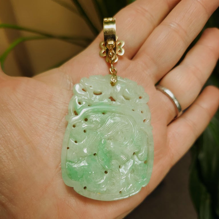 Women's or Men's Certified Natural Green Jadeite Jade Dragon Carved Pendant with Openable Bail