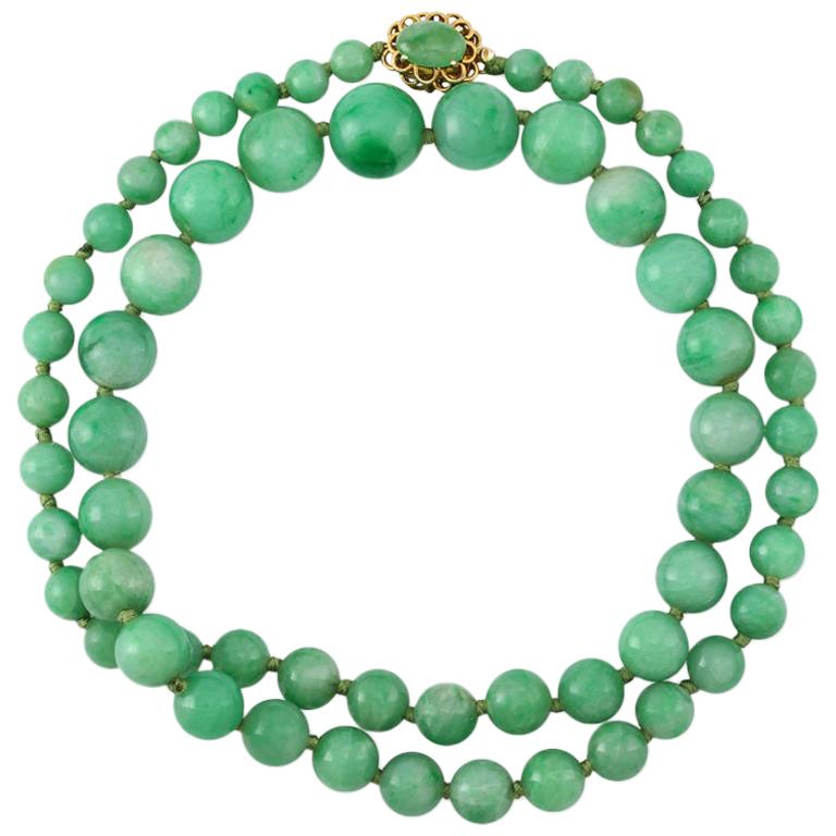 Certified Natural Green Jadeite Jade Estate Bead Necklace Strand