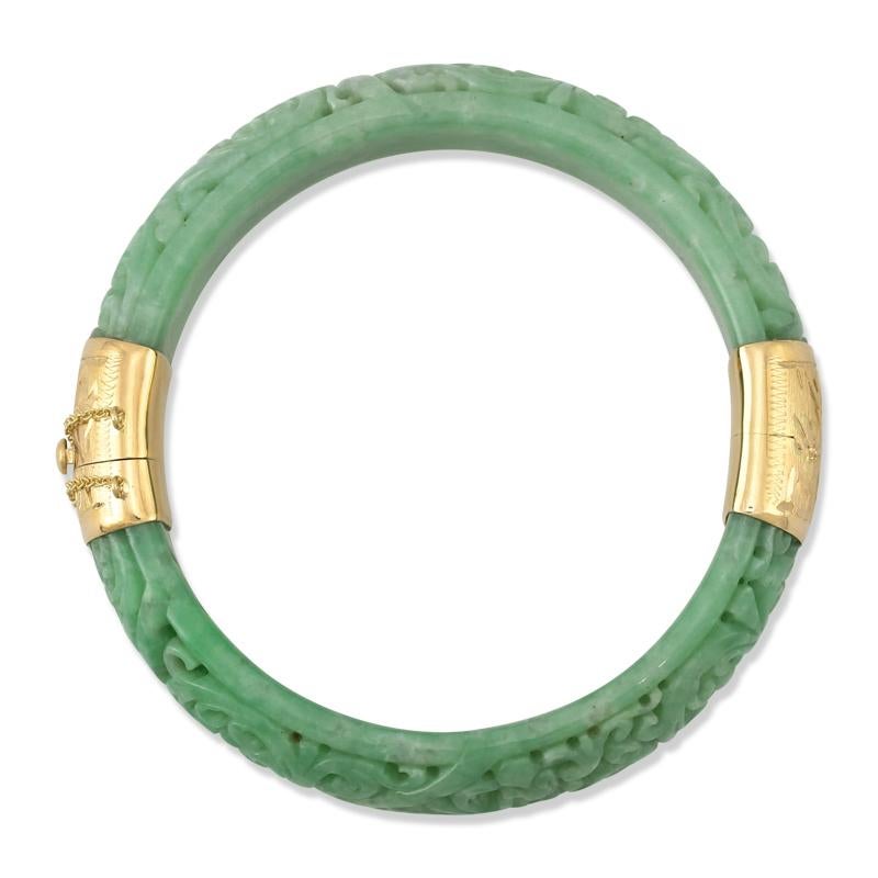Cabochon Certified Natural Green Jadeite Jade Hinge & Clasp Carved Bangle Bracelet